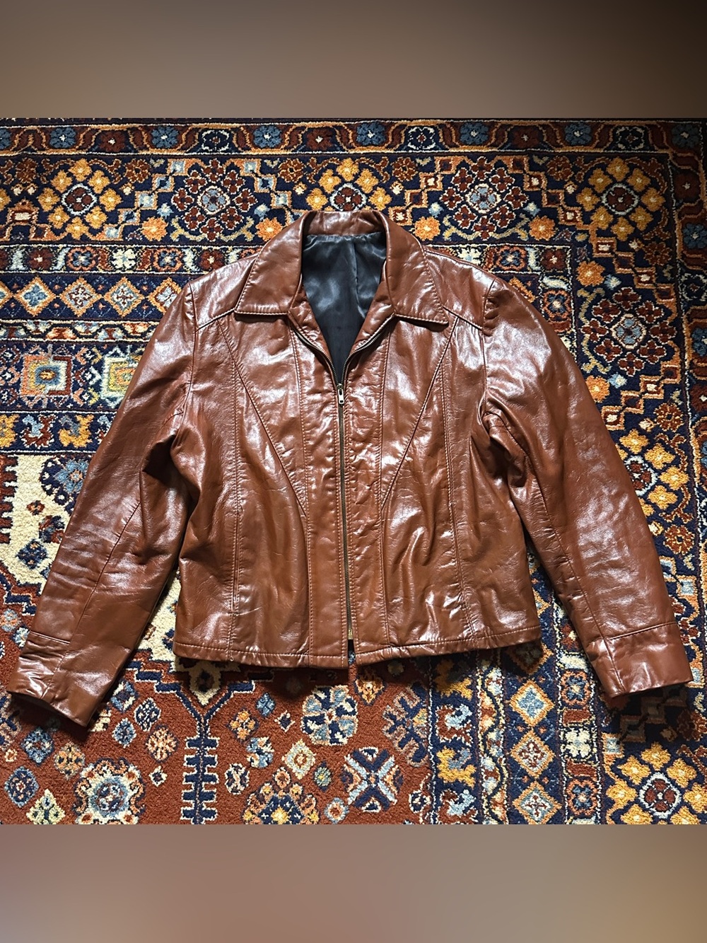 Vintage 70s Cognac Brown Leather Zip Jacket - Disco Collar - Fits S/M